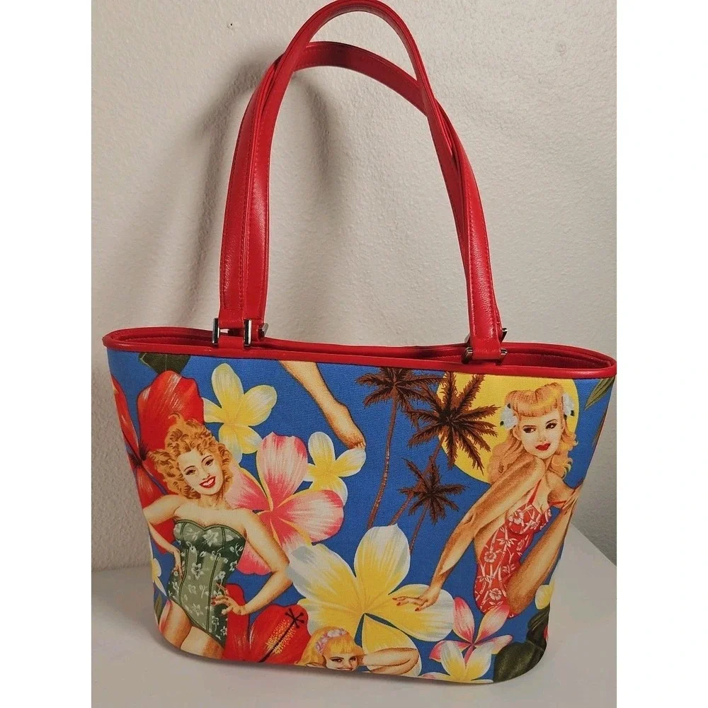 ISABELLA FIORE RARE Vintage Hawaiian Pin up Girls Bag Tote Floral Gorgeous!!